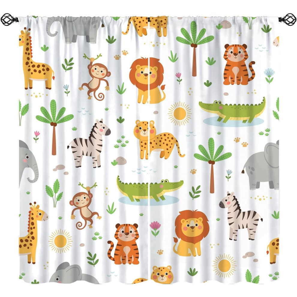 Cartoon Animal Curtains, Safari Jungle Theme, Rod Pocket Thermal Drapes (2 Panels, 52"x84") for Kids Bedroom & Nursery