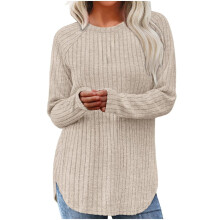 Beige Damen-Tunika-Pullover, lockere Passform, Rundhalsausschnitt, Größe XXL
