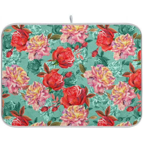 Boho Flower Dish Drying Mat 16x18", Reversible, High-Absorbent Microfiber, Hanging Loop, for Kitchen & Coffee Bar