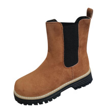 Brune Dame Chelsea Støvler Britisk Stil Rund Tå Ruskind Lav Blokhæl Slip On Flockstof Afslappet Mode Efterår Vinter Ankelstøvler