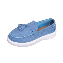 Blue Women'S Loafers Tassel Round Toe One-Foot Flat Shoes For Casual Four-Season Wear - Flocked Material Comfort Design