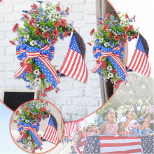 4th of July Floral Wreath Door Basket – 17.7" Patriotic Garland with Flag & Bow, for Independence Day & Memorial Day Decor
