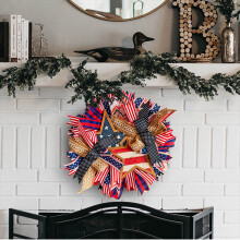 4th of July Front Door Wreath 17.71in,American Flag Themed Wreath with Wooden Star Plaque,Wreath for Memorial Day,Veterans Day & Home Decor
