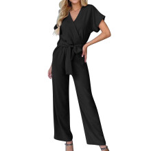 Jumpsuits til kvinder Damejumpsuit Casual Kortærmet Wrap V-hals Bælte Bukser med Vide Ben (Sort, XXL)