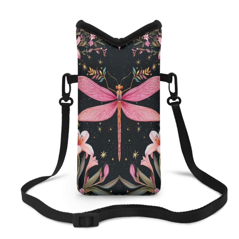 Neoprene Cell Phone Sleeve Pouch, 4X8", Crossbody With Adjustable Detachable Strap, Dragonfly/Lily Leaf Design 9448483073370