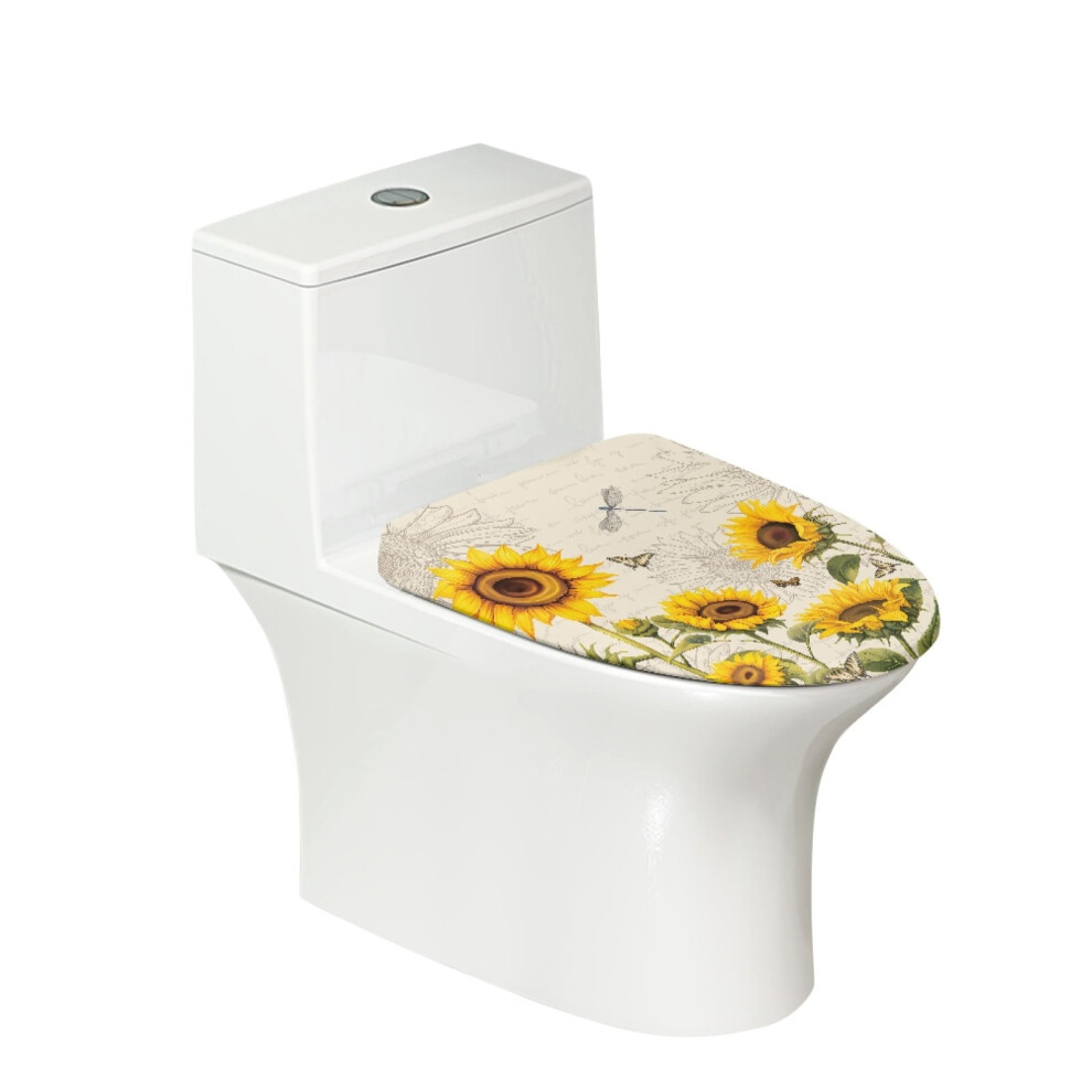 Reusable Decorative Toilet Lid Cover With Elastic Edges Â Fits Round, Elongated & Oblong Lids, Sunflower/Butterfly/Dragonfly Design, Beige 9448483074131