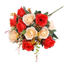 Buquê de rosas vermelhas artificiais de seda plástica de 33 cm (13 polegadas)