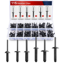 115 píosa 6 mhéid gearrthóg rivet uilíoch pop rivet measctha níolón dubh, rivets dall atá comhoiriúnach le GM Ford Chrysler VW