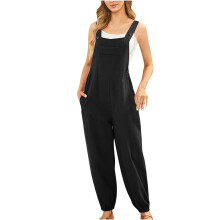 Damejumpsuit med lomme i bomuld og hør, løstsiddende, lang camisolejumpsuit til damer (sort, XL)