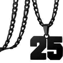 Men's Women's Stainless Steel Basketball Soccer Baseball Team Athlete Number Pendant Chunky Chain Black Sport Necklace Number 25