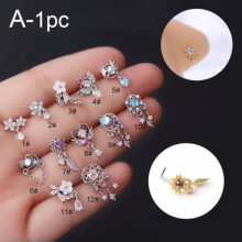 Piercing de nariz de oro y plata, pendiente fino para oreja, aro con extremo de hueso, joyería con gemas en forma de L, 650-Plata-2#