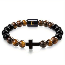 Initial Letter Beaded Bracelet with Cross Accent, Onyx and Tiger Eye Stone Jewelry