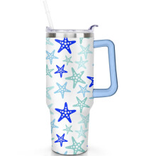 Drinkbeker van 1,2 liter (40 oz) met zeestermotief, handvat, lekvrije deksel en rietje – Dubbelwandig, Valentijnsdagcadeau – Geschikt voor