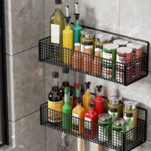 Metal Wall-Mounted Basket for Kitchen & Bathroom – Seasoning Rack, Shower Toiletries Organizer, Compatible with Standard Mounts