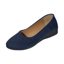 Damen-Slipper aus Wildleder mit runder Zehenpartie, niedrigem Absatz und flacher Sohle. Bequem, für Freizeit, Beruf, drinnen und draußen geeignet.