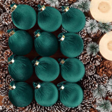 Flocked Christmas Ball Ornaments Velvet Shatterproof Hanging Decorations for Xmas Tree Holiday Decoration Set of 12 Green Balls