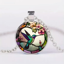 Hummingbird Flower Round Pendant Necklace Men Women Fashion Exquisite Glass New