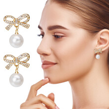 Pearl Accent Rhinestone Bow Drop Earrings for Sensitive Ears, Dangle Post Earrings Hypoallergenic Nickel-Free, 1.1x0.87 in