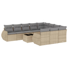 vidaXL 11-tlg. Garten-Sofagarnitur mit Kissen Beige Poly Rattan