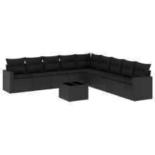 vidaXL 10-tlg. Garten-Sofagarnitur mit Kissen Schwarz Poly Rattan