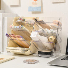 Schräger Schreibtisch-Organizer – Transparente, beige Kunststoff-Aufbewahrungsbox mit mehreren Fächern (15 x 14 x 22 cm) für Büro, Kosmetik,