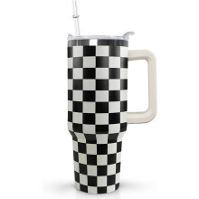 Gobelet isotherme à carreaux noirs et blancs avec couvercle à poignée et paille, 1,2 L (40 oz), gourde isotherme à carreaux, tasse de voyage, mug