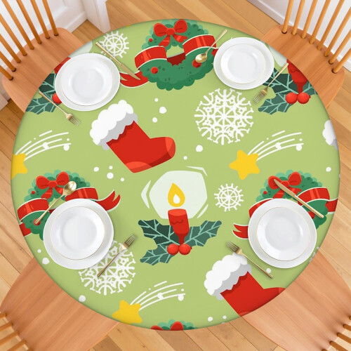 Toalha de mesa redonda festiva com bainha elástica de 52 polegadas, ideal para sua mesa de jantar de Natal e para a montagem de buffets de festas, 1