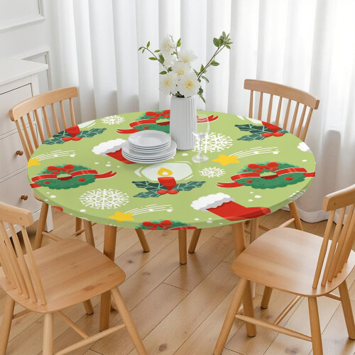 Toalha de mesa redonda festiva com bainha elástica de 52 polegadas, ideal para sua mesa de jantar de Natal e para a montagem de buffets de festas, 2