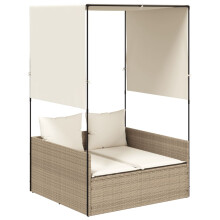 vidaXL Doppel-Sonnenliege mit Dach und Vorhängen Beige Poly Rattan