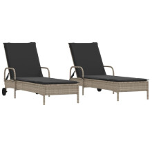 vidaXL Sonnenliegen mit Auflagen 2 Stk. Hellgrau Poly Rattan
