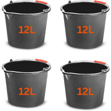 Set of 4 - 12L(3.1 Gal) Black Plastic Bucket with Handles Measuring Scale Sturdy Water Bucket Ideal for Builders Cleaning Home and Garden - MYPURECORE