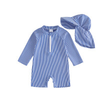 (0-3 Months, Blue) Baby Boys Swimsuit, Long sleeve Stripes Rash Guard Jumpsuit with Hat Summer Swimwear