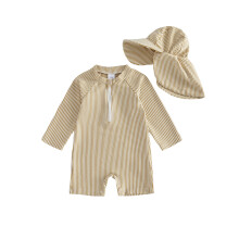 (0-3 Months, Khaki) Baby Boys Swimsuit, Long sleeve Stripes Rash Guard Jumpsuit with Hat Summer Swimwear