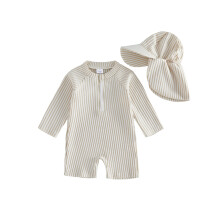 (18-24 Months, Apricot) Baby Boys Swimsuit, Long sleeve Stripes Rash Guard Jumpsuit with Hat Summer Swimwear