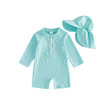 (18-24 Months, Green) Baby Boys Swimsuit, Long sleeve Stripes Rash Guard Jumpsuit with Hat Summer Swimwear