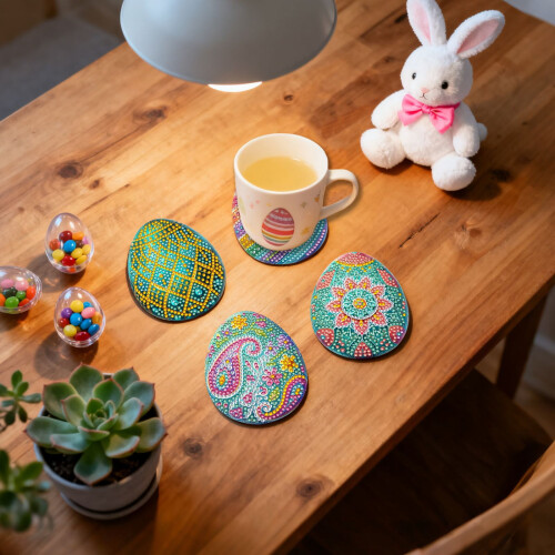 (24PCS) 6 Easter DIY Diamond Art Coaster Set, Irregular Wooden Desktop Decorative Gift, Easter Egg Design 1
