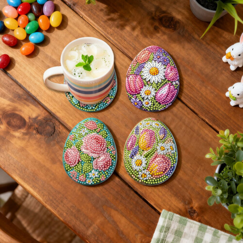 (24PCS) 6 Easter DIY Diamond Art Coaster Set, Irregular Wooden Desktop Decorative Gift, Easter Egg Design 2