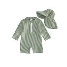 (0-3 Months, Army Green) Baby Boys Swimsuit, Long sleeve Stripes Rash Guard Jumpsuit with Hat Summer Swimwear