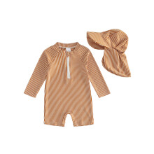 (0-3 Months, Brown) Baby Boys Swimsuit, Long sleeve Stripes Rash Guard Jumpsuit with Hat Summer Swimwear