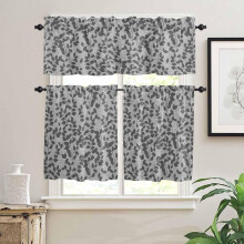Grey Botanical Kitchen Curtains Set with Valances, Rod Pocket Tier Curtains, 36" Length, Compatible with Cafe/Bedroom Windows