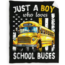 Schoolbusdeken voor jongens - 76x102 cm. Leuke plaid, ideaal als cadeau voor kinderen die van vrachtwagens houden - Zwarte, zachte, pluizige
