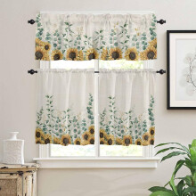 Summer Sunflower & Eucalyptus Kitchen Curtains Set – Vintage Floral, Rod Pocket, 3-Piece, 36", Compatible with Standard Rods