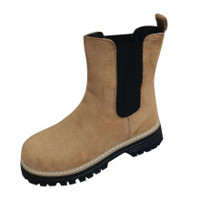 Khaki damestøvler med rund tå i semsket skinn, lav blokkhæl, slip-on, flockstoff, avslappet mote, høstvinter, ankelstøvletter