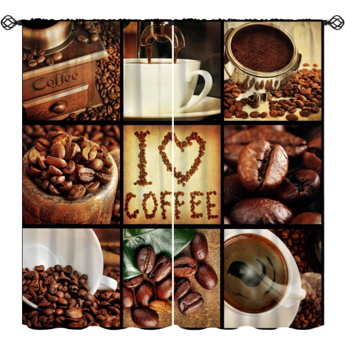 Brown Coffee-Themed Thermal Curtains Rod Pocket 2 Panels