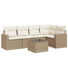 vidaXL 6-tlg. Garten-Sofagarnitur mit Kissen Beige Poly Rattan