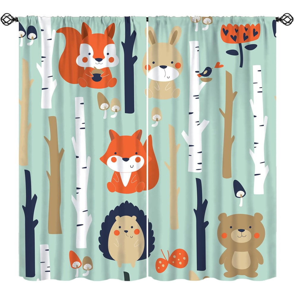 Cute Animal Curtains with Fox, Hedgehog & Hare – Rod Pocket, Thermal Insulated, 2 Panels (55"x39") for Kids' Room – Compatible with Standard Rods
