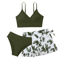 Jentedraktsett med blomstermotiv, 3 deler (størrelse 15-16) – bikinitopp, shorts og skjørt, grønt strandtøy for sommer og fester