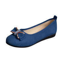 Blue Women'S Casual Slip-On Low Heel Shoes Flocked Bow Round Toe Breathable Shallow Mouth Flats For Outdoor