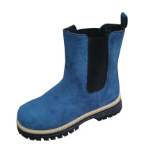 Modré dámské chelsea boty, britský styl, kulatá špička, semiš, nízký blokový podpatek, nazouvací boty z flockové tkaniny, ležérní
