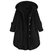 Pocket Coat Oregelbunden Lång Lätt Väderjacka Huva Knapp Fleeceärm Damjacka Plus Size Dam Vandringsjacka Damkappa